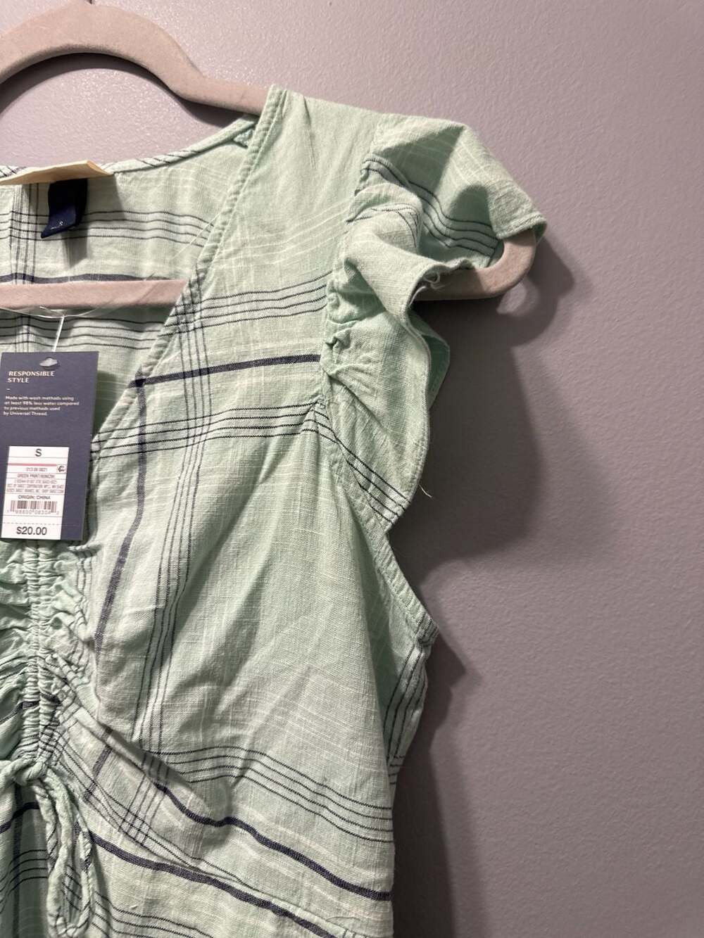 Universal Thread Green Plaid Ruffle Sleeve Ruched Front Mini Dress Size S - Picture 7 of 8